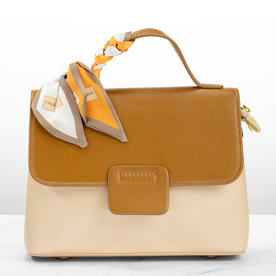 Pocket bag beige and coffee color with button closure in leather with ribbon