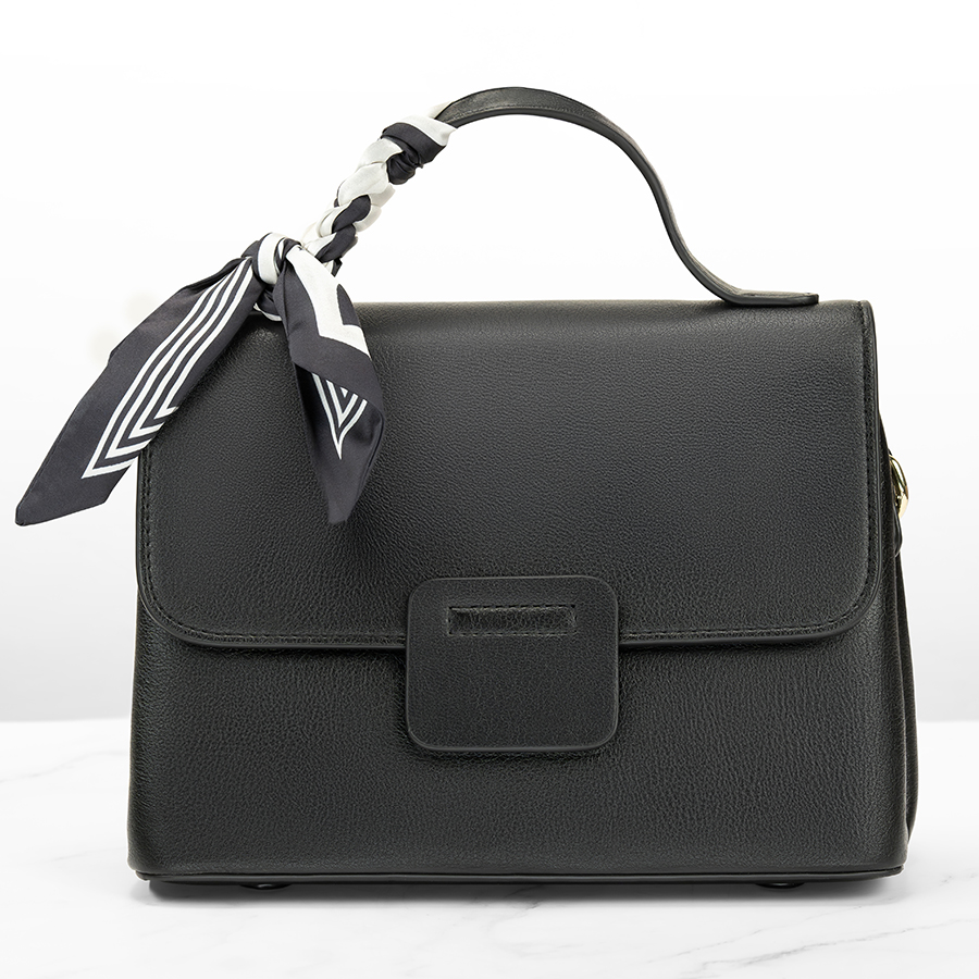 Pocket bag black color with button closure in leather with ribbon