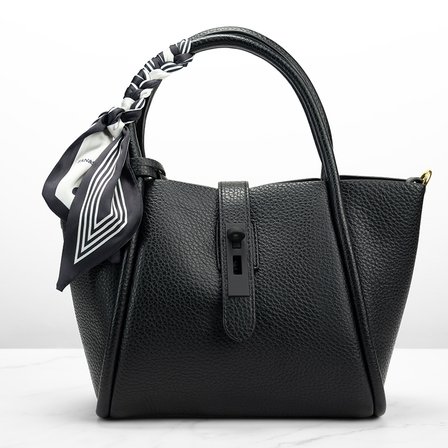 Casual bag Black color with zipper and lock + ribbon in leather