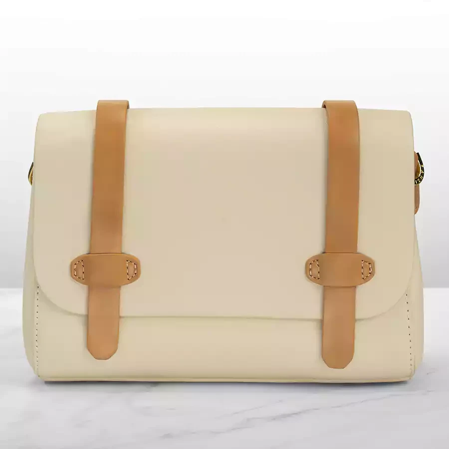 Pocket bag beige color with button closure and zipper in smooth leather with belt design