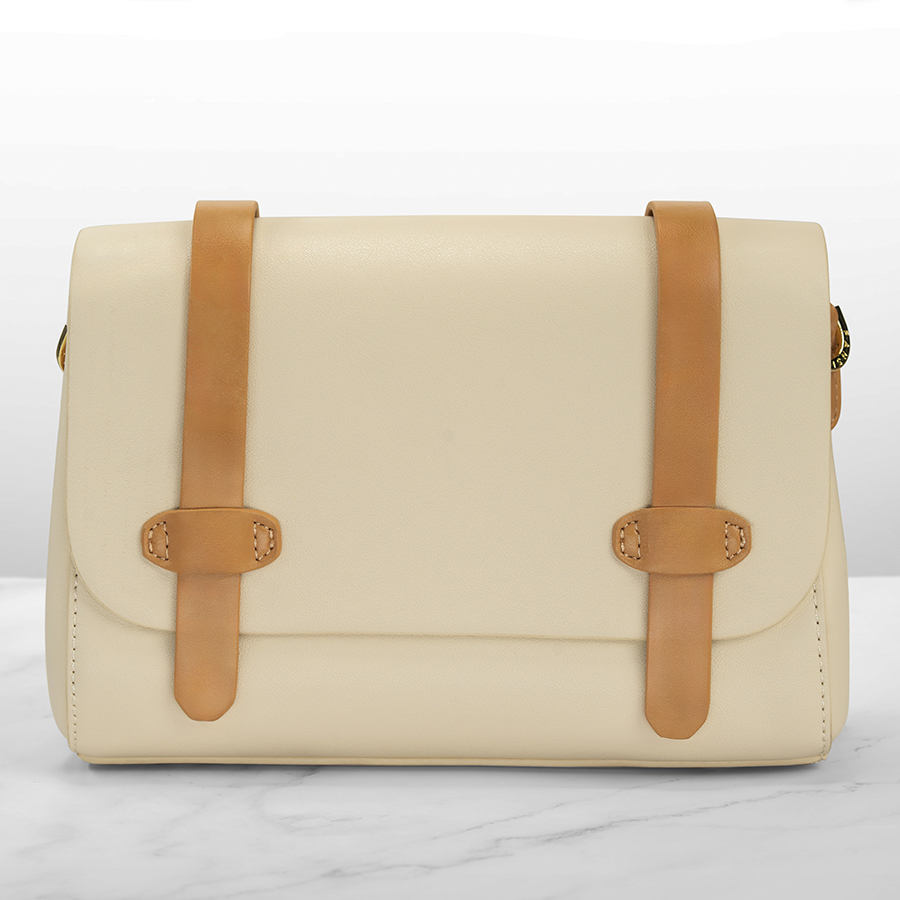 Pocket bag beige color with button closure and zipper in smooth leather with belt design