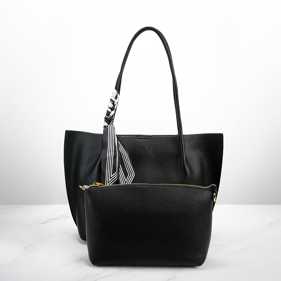 Casual Black bag with button closure and ribbon & small bag with zipper inside dark bige color