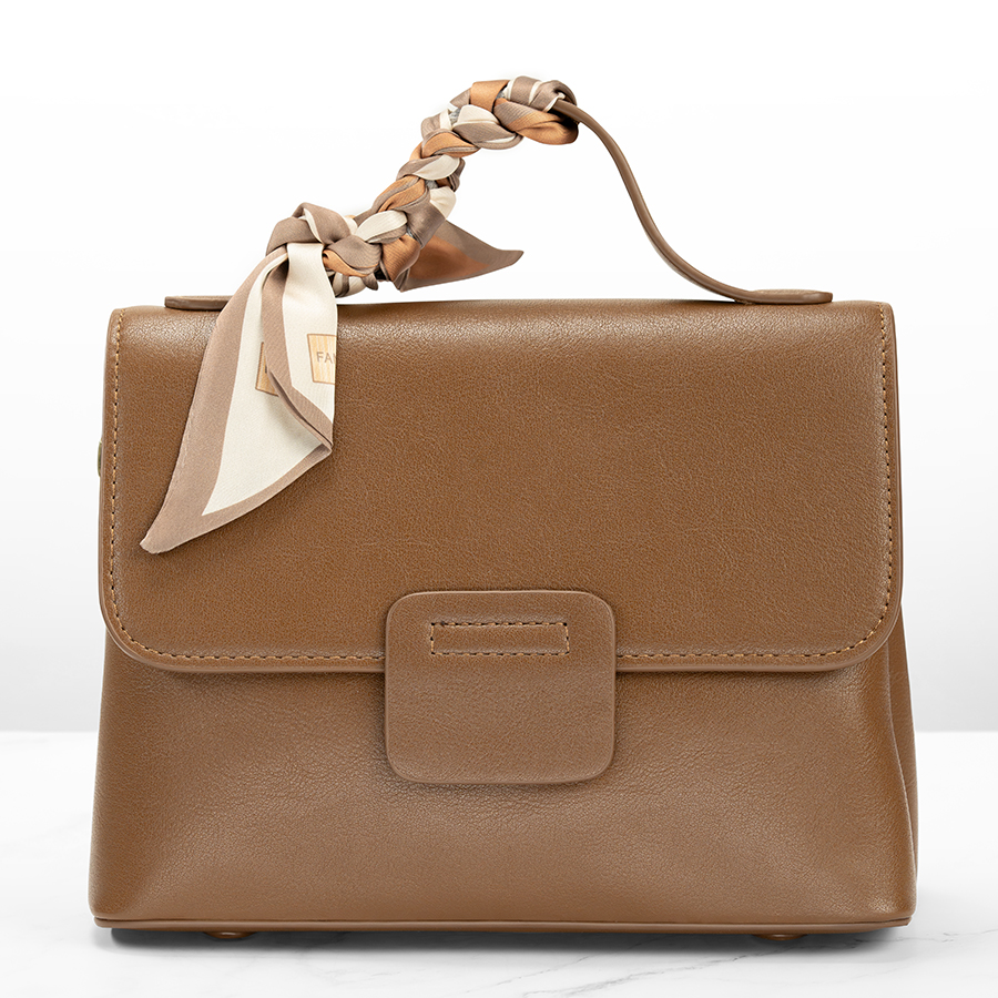 Pocket bag mocha color with button closure in leather with ribbon